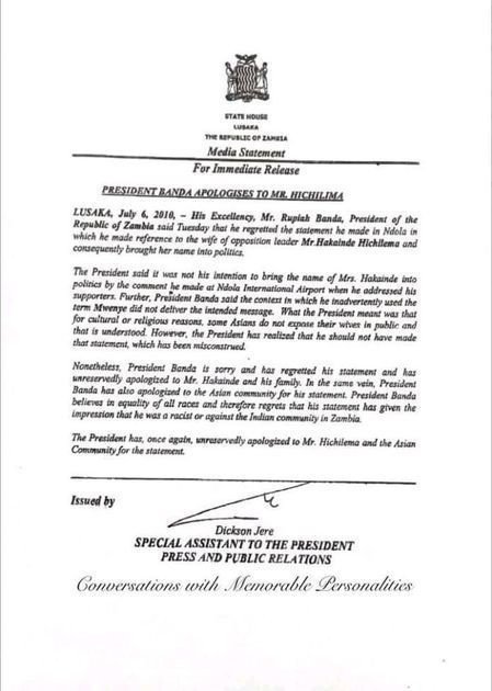 PRESIDENT RUPIAH BANDA APOLOGISES TO MR.  HICHILEMA