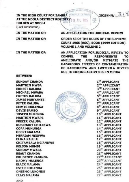 Kanchibiya Commences Legal Action Against ZEMA and WARMA Over Contamination of Kanchibiya and Lwitikila Rivers