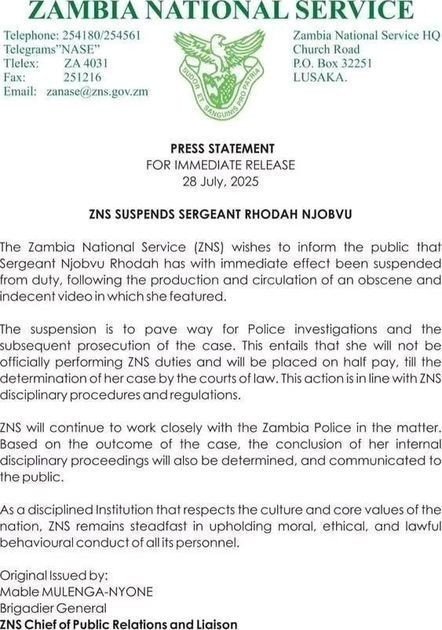 ZNS SUSPENDS RHODA NJOBVU OVER LEAKED ADULT VIDEO.