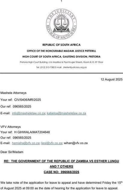 Pretoria High Court sets  date  to hear Lungu family argument for an appeal against its earlier judgement