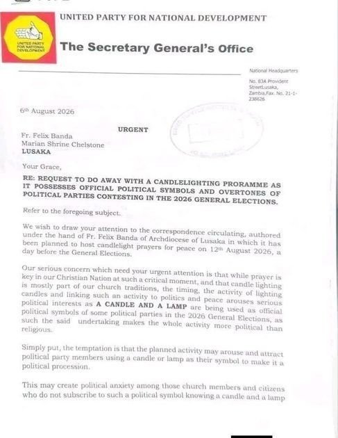 SHOULD ECZ AND THE CATHOLIC CHURCH CANCEL THE CANDLELIGHT PRAYER SERVICE BILLED FOR AUGUST 12, 2026 AS REQUESTED BY UPND?