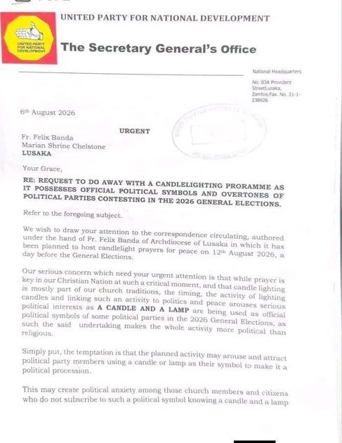 SHOULD ECZ AND THE CATHOLIC CHURCH CANCEL THE CANDLELIGHT PRAYER SERVICE BILLED FOR AUGUST 12, 2026 AS REQUESTED BY UPND?