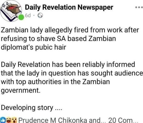 ZAMBIA’S  HIGH COMMISSIONER TO SOUTH AFRICA FIRED…for asking a Zambian staff to shave her pr!v@te p@rts