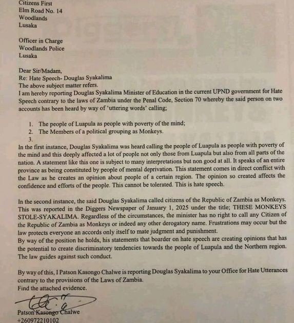 POLICE REFUSE TO ACCEPT HATE SPEECH COMPLAINT AGAINST DOUGLAS SYAKALIMA