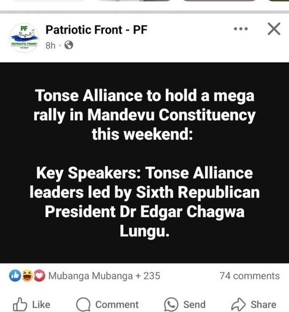 THERE IS CURRENTLY NO POLICE NOTIFICATION FOR A TONSE ALLIANCE RALLY IN MANDEVU PLUS EDGAR LUNGU IS ATTENDING MEDICATION IN SOUTH AFRICA