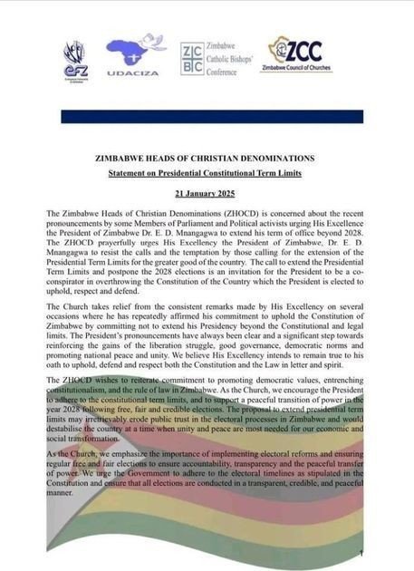 Zim Council of Churched urges  Mnangagwa to resist calls to extend his term of office