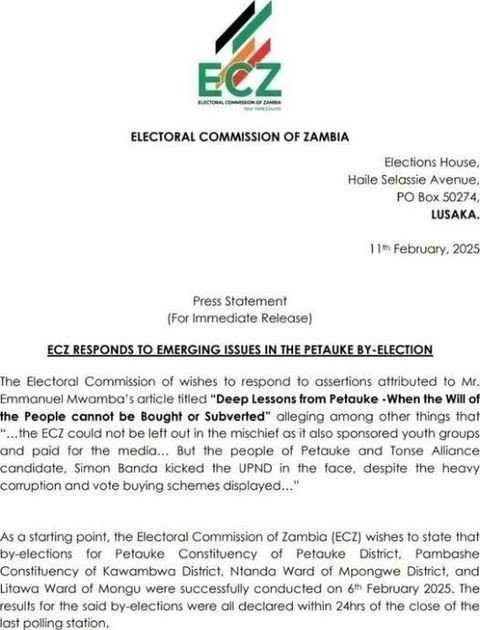 ECZ RESPONDS TO EMERGING ISSUES IN THE PETAUKE BY-ELECTION