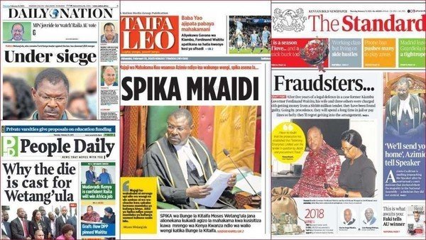Kenyan newspapers, February 13: Azimio MPs hint at plans to oust Wetang'ula from...