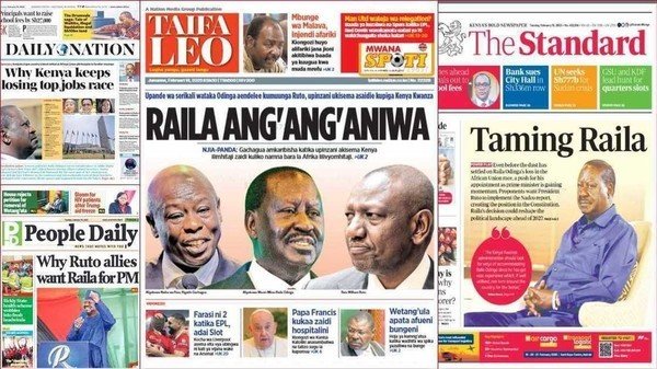 Kenyan newspapers review, February 18: Ruto allies push for PM post for Raila Od...