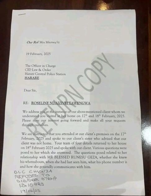 Zim police have taken Roseline Tawengwa, the wife of Blessed Geza, into custody