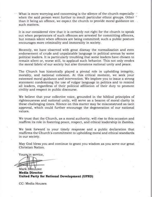 UPND WRITES THE CHURCH  TO GIVE A POSITION ON INSULTING THE LEADERSHIP, ELDERS BY OPPOSITION