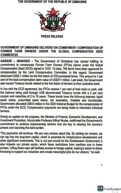 Zim govt says it has started compensating 740 vetted white commercial farmers
