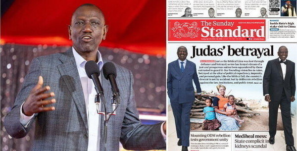Ruto Fires Back at Standard Newspaper Over 'Judas' Betrayal' Headline