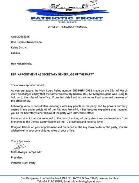 Miles Sampa appoints Raphael Nakachinda as  PF   Secretary General